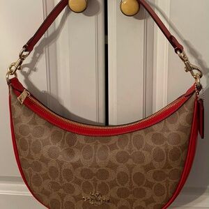 Coach Signature Canvas Hobo Bag - Red and Tan